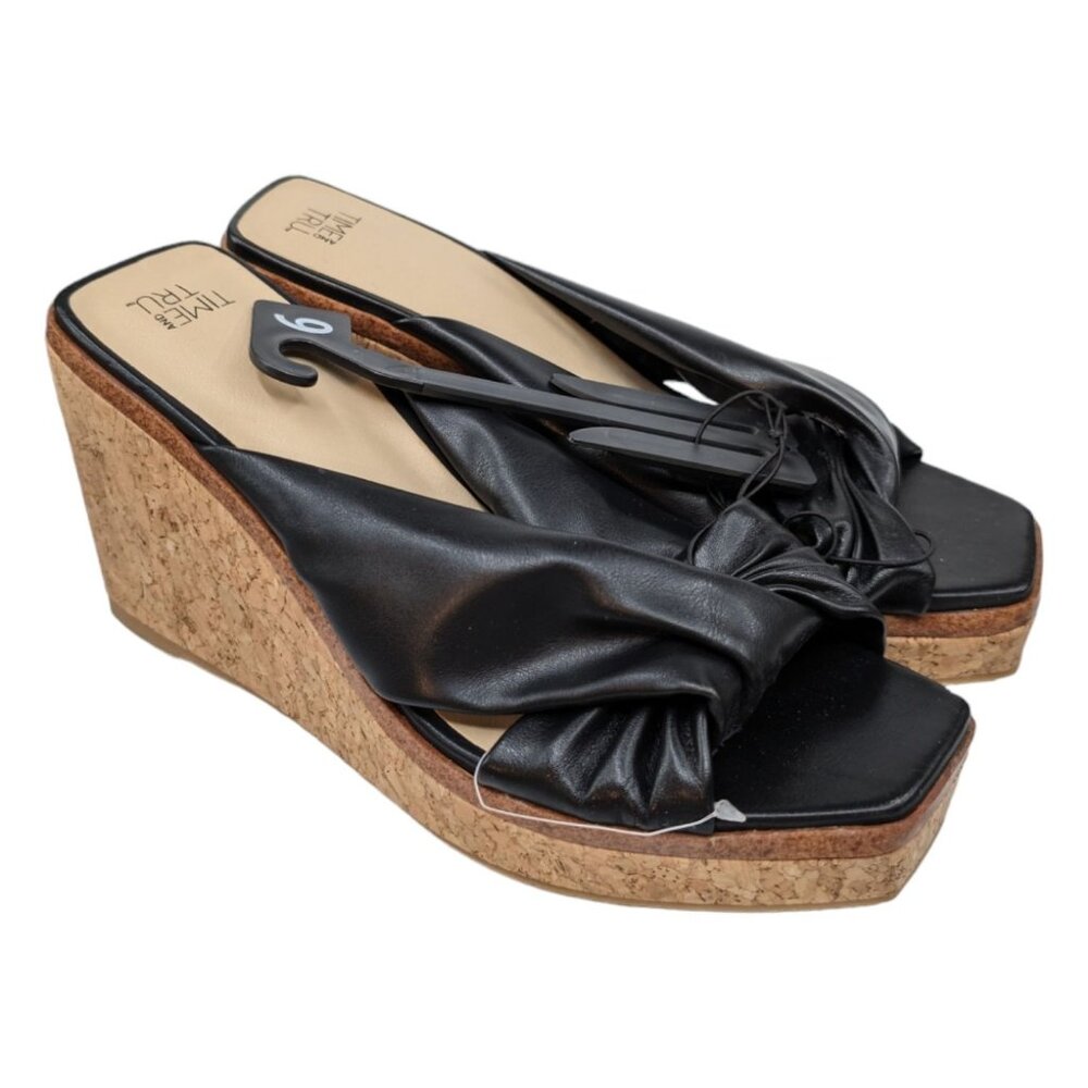 Time And Tru Cork Wedge Sandals Womens Black Faux Leather Square Toe Size 6 NWOT
